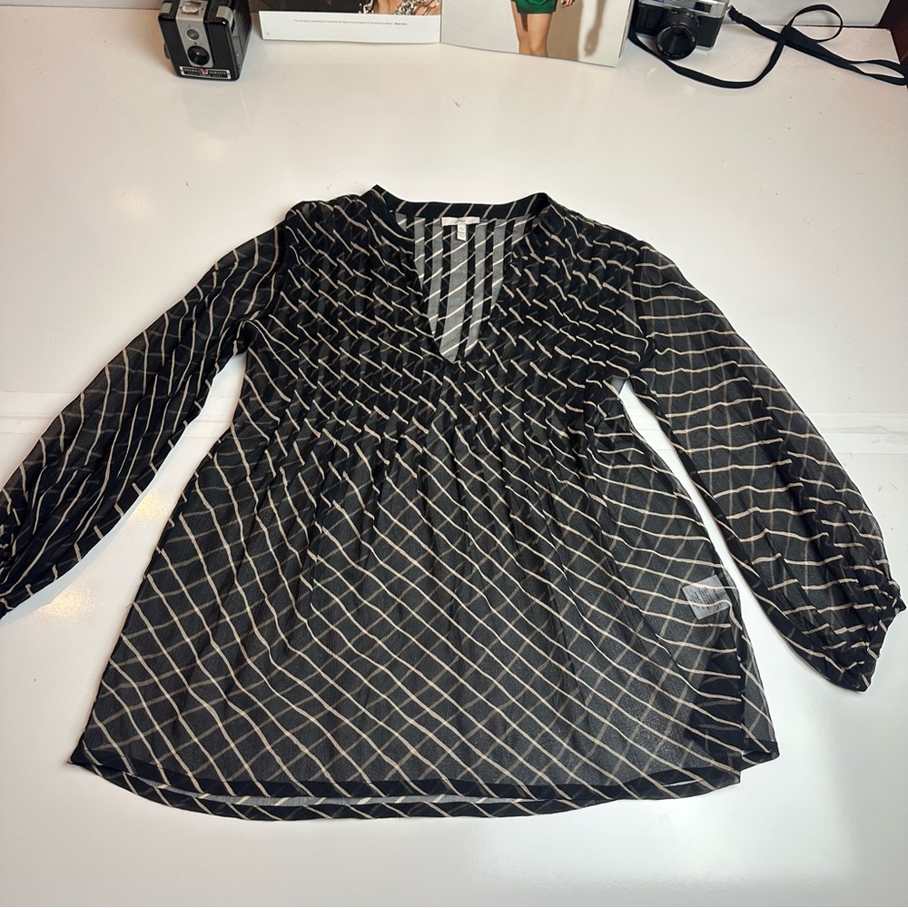 Joie 100% Silk Geometric Print Tunic Blouse Black Cream Boho XS